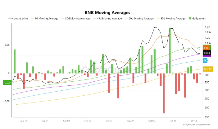 BNB持稳45日移动均线上方,CryptoQuant称势头正在积聚