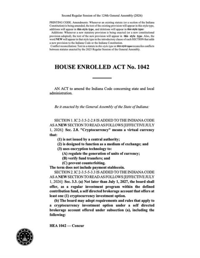 印第安纳州通过支持比特币的法案 HB1042，正等待州长签署。