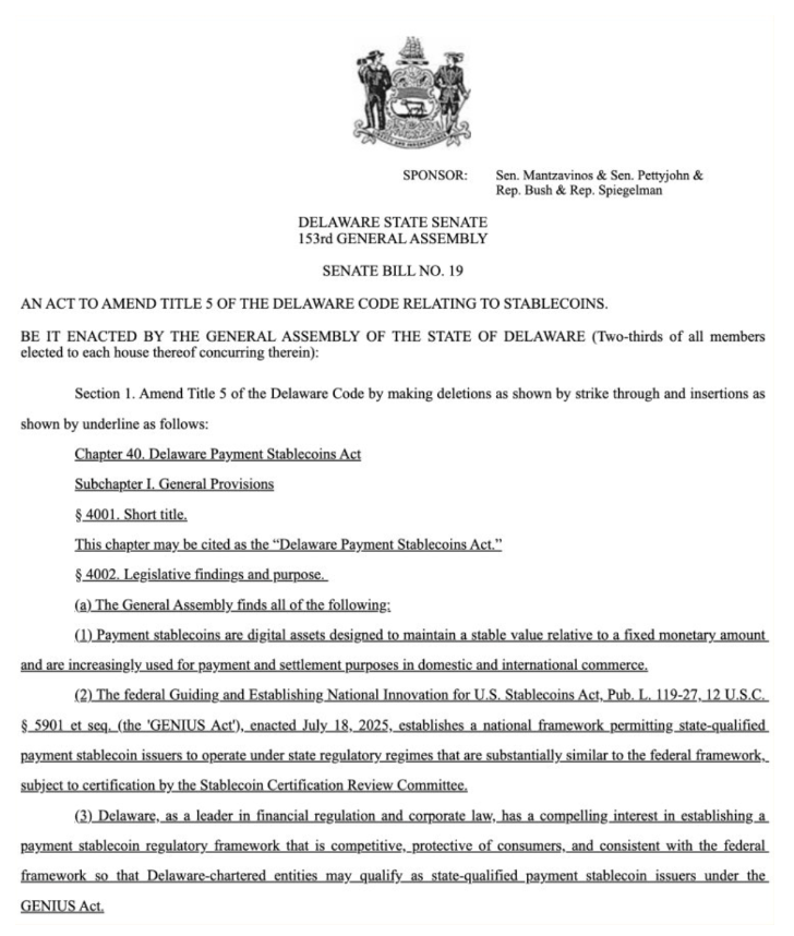 特拉华州提出了稳定币相关立法，该立法将使发行方受州银行业规则的约束。